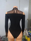 Nukty Jumpsuit Women Summer Fashion Contrast Lace Long Sleeve Sexy Cold Shoulder Plain Skinny Daily Bodysuit