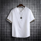 Nukty japan fashion street Summer Men Cotton Linen Tshirts Solid Color Korean Fashion Men Short Sleeve Short Sleeve Tshirt Mens Clothing Plus Size 5Xl