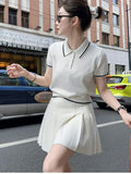 Nukty Preppy Style Y2k Sweet Outfits Woman Solid Knitted Top+Mini Pleated Skirt Korean Chic 2 Piece Set Spring Summer Basics New