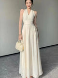 Nukty Elegant Backless Sexy Club Pleated Vest Long Dresses Women Black High Waist Beige V Nec Vacation Slim Party Evening Dress Summer