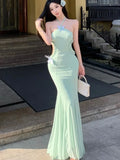Nukty Spring Summer Green Mesh Chic Bow Hollow Out Dresses Women Fashion Bodycon Sexy Neck-mounted Korean Elegant Party Dress