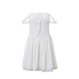 Nukty Aesthetic Elegant Pleated Square-neck Lace White Mini Dresses Patchwork Off Shoulder Dress Summer Wedding Tank Dresses