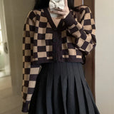 Nukty Checkerboard Crop Cardigan V-neck Button Up Knitted Sweaters Women Autumn Winter Outfit