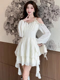 Nukty Elegant Princess Mini Dress for Women Sequin Off Shoulder Ruffle Long Sleeve A-Line Vestidos Vintage Korean Female Short Dresses