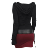 Nukty Hooded Winter Dresses  Gothic style Lace Up Slim Waist Belted Long Sleeve Dress Bicolor Slinky Cowl Front Bodycon Dress Cosplay