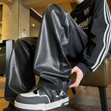 Nukty Autumn Winter Men's PU Leather Motorcycle Pants Coffee/Black Men Wide-leg Mopping Trousers All-match Windproof Plus Size 8XL-M