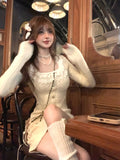 Nukty Autumn Elegant Slim Knitting Lace Dress Women Sexy Bodycon Y2k Mini Dress Casual Short Party Korean Fashion Dress Design