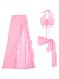 Nukty Women Pink Ruffles Tops Irregular Skirt Set Sexy Split Skirts Backless Lace-up Vest 2025 Summer New Vocation Beach Female Outfit