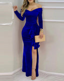 Nukty Women Long Dress Fashion Velvet Off Shoulder Ruffle Hem Split Maxi Dress Roupas Party  Femininas Vestidos De Novia