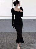 Nukty Elegant French Black Long Mermaid Dresses for Women Autumn Winter Square Collar Puff Sleeve High Waist A-Line Vestidos Mujer New