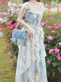 Nukty Sky Blue Chiffon Print Vintage Womern's Two Pieces Set Romantic Ruffles Top Lace Embroidery Asymmetrical Skirt Suit Fashion Lady