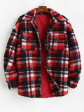 Nukty Plaid Jacket for Men Fluffy Fleece Shirt Jacket with Pocket Button-up Faux Fur Sherpa Streetwear Topcoats