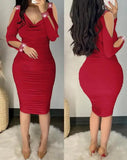 Nukty Sexy Rhinestone Decor Cold Shoulder Ruched Bodycon Long Sleeve Dress Midi Skinny Party women's dresses