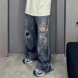 Nukty Frayed Damaged Hole Baggy Wide Leg Jeans for Men and Women Streetwear Casual Ropa Hombre Denim Trousers Oversized Cargo Pants