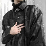 Nukty New Chinese Style Dragon Pattern Jacquard Silk Shirt For Men Casual Metal Buckle Dull Black Aesthetic Neutral Loose-fit Shirt