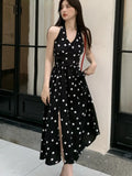 Nukty Dot Chic Retro Elegant French Style Polka Sling Dresses Bow Backless Slim Waist Halter-neck Split Dress Spring Summer New