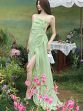 Nukty Elegant Green Halter Sleeveless Womens Dresses French Spaghetti Strap Backless Party Long Dress Summer Spring Casual Beach Robe