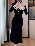 Nukty Women's Velvet Midi Dress Autumn Patchwork Long Sleeve High Waist Mermaid French Vintage Evening Party Prom Robe Vestidos New