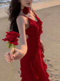 Nukty Women French Style Elegant Vintage Red Ruffles Party Dresses Slim A-Line V-Neck Wedding Evening Dress Spring Summer New