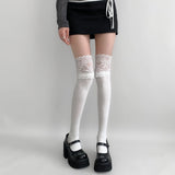 Nukty Socks Woman Autumn/Winter Solid Color Thigh High Lace Cute Lolita Thick Warm Stockings Black White Long Leg Socks for Women