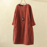 Nukty Women Vintage Pockets Corduroy Solid Color Long Sleeve Loose Casual Dress vestido feminino party dresses Women's dress