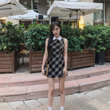 Nukty Sweet Plaid Sleeveless Mini Dress Women Korean Preppy Style Lapel Waist Slim A-line Y2k Dresses Casual Chic Vestidos