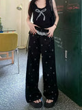 Nukty Fashion Lace Patchwork Women Casual Pants Summer Loose Preppy Bow Print Jogging Pants High Waist All Match Straight Trousers