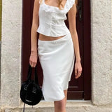 Nukty White Satin Long Skirt Women vintage elegant Low Waist A-line Slim Silk sexy Y2k Midi Skirt Summer Party Skirts