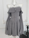 Nukty Korean Sweet Mini Dress Sexy Gray Off Shoulder Long Sleeves Lace-up A-Line Party Dresses Y2K Female One Piece Vestidos Mujer New