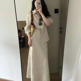Nukty Casual Set for Women Simple Collar Loose Long Sleeve Shirt Versatile Half length Long Skirt Two Piece Set