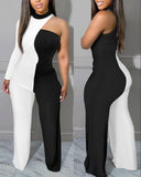 Nukty Colorblock One Shoulder Long Sleeve Jumpsuit Sexy Skinny Jumpsuit Women Sexys Female One-pieces New Fashion Rompers