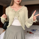 Nukty Korean Ruffles Knitted Cardigan Women Spring Summer Lace Up Cropped Cardigans Woman Korean Solid Color Sun-Protection Shirts