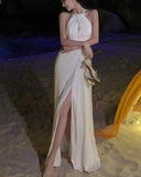 Nukty DRESS TO IMPRESS Elegant Sexy Backless Solid Long Dress Birthday Evening Party Halter Designer White Robe Summer Women Fashion Wedding Vestidos