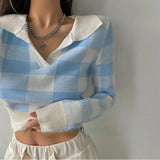 Nukty Autumn Winter Vintage Knitwear Crop Tops Women Pullover Sweaters Fashion Female Long Sleeve Elastic Casual Plaid Knitted Shirts