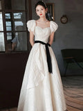 Nukty DRESS TO IMPRESS White Satin Jacquard Evening Dress French Off Shoulder Quinceanera Dresses Elegant Slim  Lace Up Bow Wedding  Party Gown