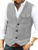 Nukty Herringbone Men's Vests Business Suit Vest Herringbone Tweed V Neck Formal Waistcoat For Wedding Suit Or Tuxedo Men Vest