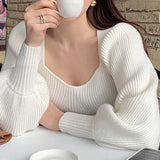 Nukty Women Casual Office Sweaters Square Collar Solid Elegant Sweater Lantern Long Sleeve Knit Jumpers Women Fall Winter