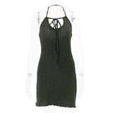 Nukty  American Low Cut Halter Neck Dress Women Summer Sexy Backless Green Mini Dress Y2K Fashion Lace Up Sleeveless A Line Dress