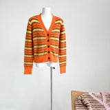 Nukty Striped Cardigan Fuzzy Wuzzy Border Cardigan V-Neck Button Up Knitted Sweater Jacket Women Unisex Autumn Winter