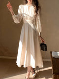 Nukty Spring New Elegant French Satin Vintage Midi Dress Office Lady Lace-up Long Sleeves Slim Wasit Korean Chic Vestidos Basics