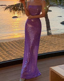 Nukty Purple Sequin Sexy Slim Dress 2024 Women Sleeveless Backless Bandage High Waist Long Dresses Holiday Elegant Party Gown
