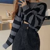 Nukty Korean Style Striped Cropped Sweater Women Vintage Oversize Knit Jumper Female Autumn Long Sleeve O-neck Pullovers Tops