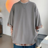 Nukty Japanese street fashion men Summer Men's T-shirts  Korean Style Loose Fake Two-piece Mid Length Plus Size Three Quarter Sleeves Streetwear Outdoor Top