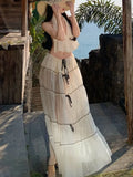 Nukty French Style Casual Loose Skirt Suits Elegant Halter Backless Lace-up Top + Holiday Beach A-line Skirt Womens Two Pieces Set New