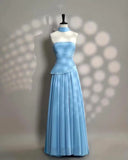 Nukty Sky Blue Beadings Prom Dresses Pleated Floor Length Evening Dresses vestidos de novia Back Zipper Party Dresses