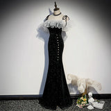 Nukty Sparkling Black Satin Mermaid Evening Dress with Spaghetti Strap Organza Ruffled Slim Fitting Sexy Leg Split Prom Gown