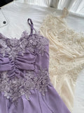Nukty Women Elegant Sexy Romantic Style Purple Off Apricot Strap Ruffles Floral Long Midi Dress Birthday Party Luxury Designer New