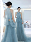 Nukty Evening Party Dress Women's Sleeveless Pearl Halter Elegant Dubai Banquet Gown Elegant Ladies Prom Dresses for Women Vestidos