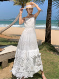 Nukty Elegant Hollow Out Womens Dresses French Style Spaghetti Strap Evening Party Dress Summer Female A-line Chic Vestidos Long Robe
