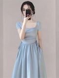 Nukty New Elegant Summer Short Sleeve Vacation Dress For Women Square Neck Casual Solid Party Dresses Korean Chic Slim A-line Vestidos